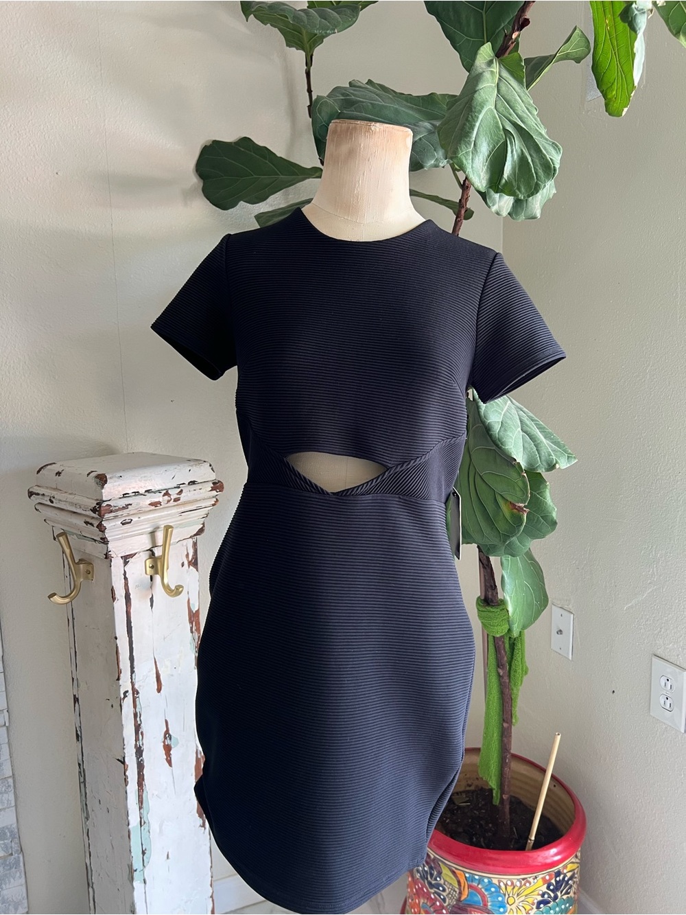 Express Black Short Sleeve Mini Dress with Front Cutout